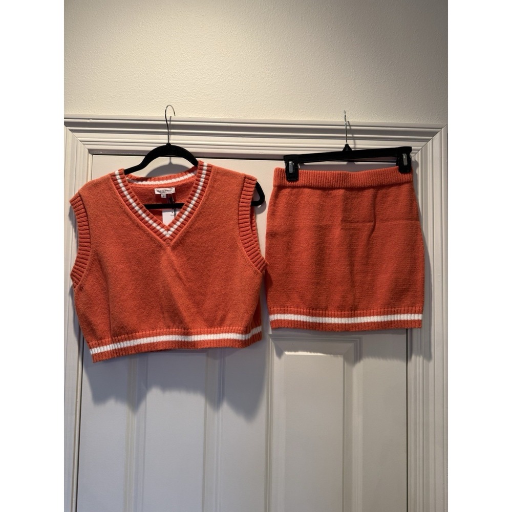 NWT Mimosa Preppy Varsity Cheer Orange Two Piece‎ Vest Mini Skirt Knit Set S - Picture 2 of 6
